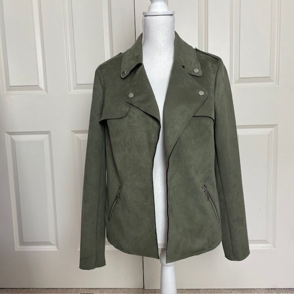 INC Medium Olive Green Faux Suede Vegan Drape Front Jacket Edgy Zipper Woman